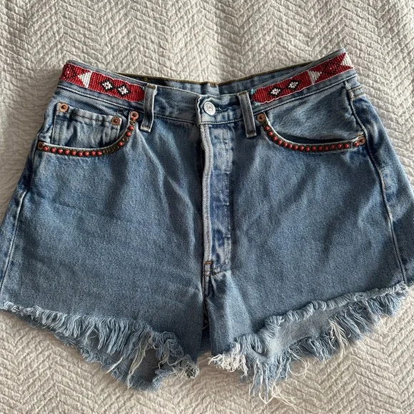 Levi's Blue Denim Jean Shorts with Red Beaded Trim - Picture 1 of 5